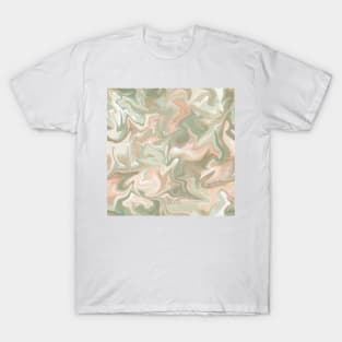 Silver Sage Silk Marble - Light Sage Green, Peach, and Off White Liquid Paint Pattern T-Shirt